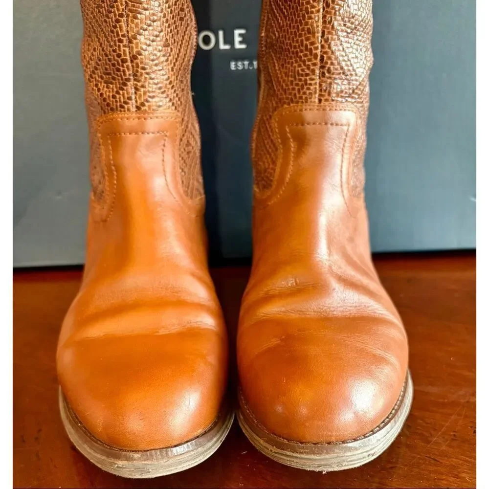 COLE HAAN - L Sz 6B Original Grand OS Woodbury-Weave Leather Tall Boots/Cognac